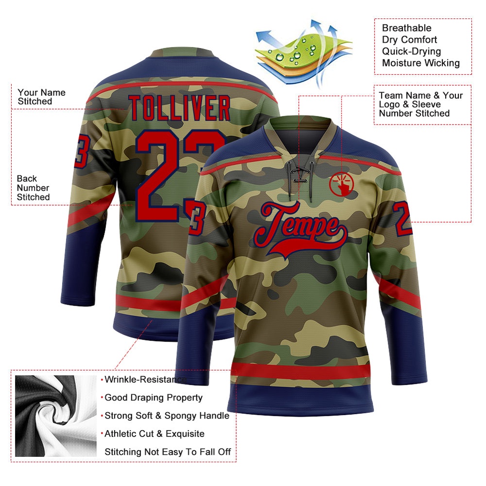 Custom Camo Red Navy Salute To Service Hockey Lace Neck Jersey, New Hockey Jersey, Personali Sport Team Jersey Shirt