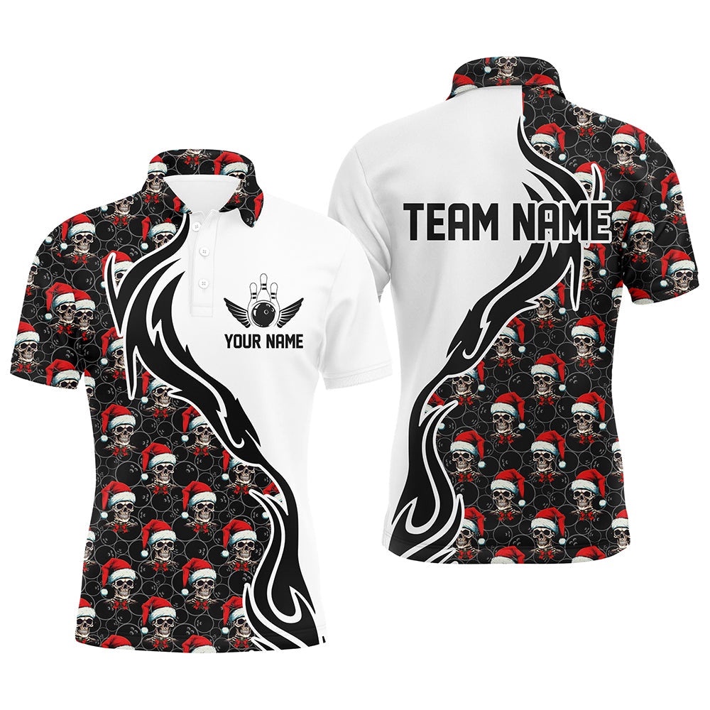 Custom Christmas Men Bowling Polo Shirts Skull Team Bowling Polo Shirt Christmas Gifts For Bowlers, Personalized Bowling Team Shirt