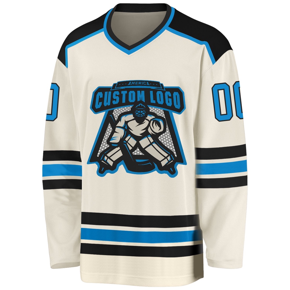 Custom Cream Blue Black Hockey Jersey, New Hockey Jersey, Personali Sport Team Jersey Shirt