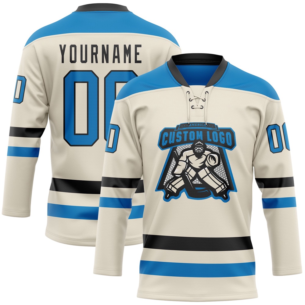 Custom Cream Blue Black Hockey Lace Neck Jersey, New Hockey Jersey, Personali Sport Team Jersey Shirt