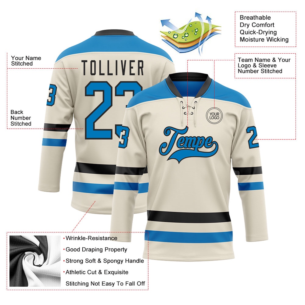 Custom Cream Blue Black Hockey Lace Neck Jersey, New Hockey Jersey, Personali Sport Team Jersey Shirt