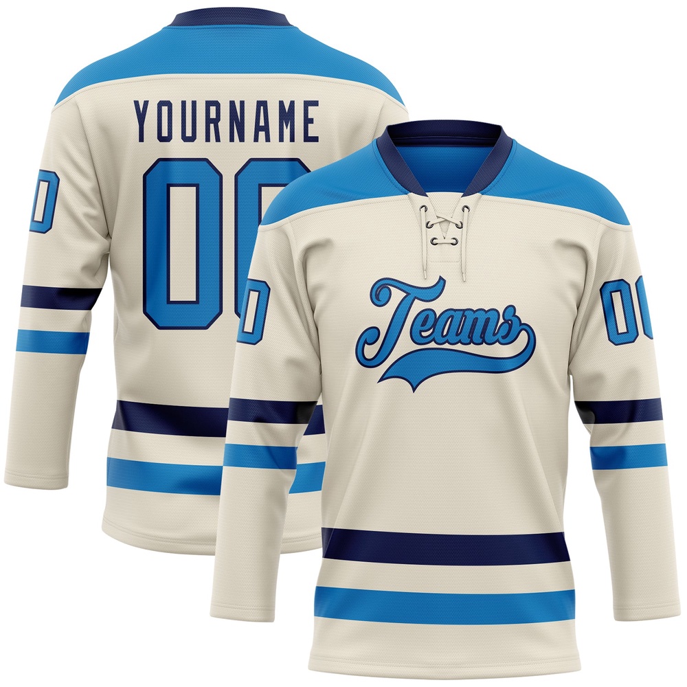 Custom Cream Blue Navy Hockey Lace Neck Jersey, New Hockey Jersey, Personali Sport Team Jersey Shirt