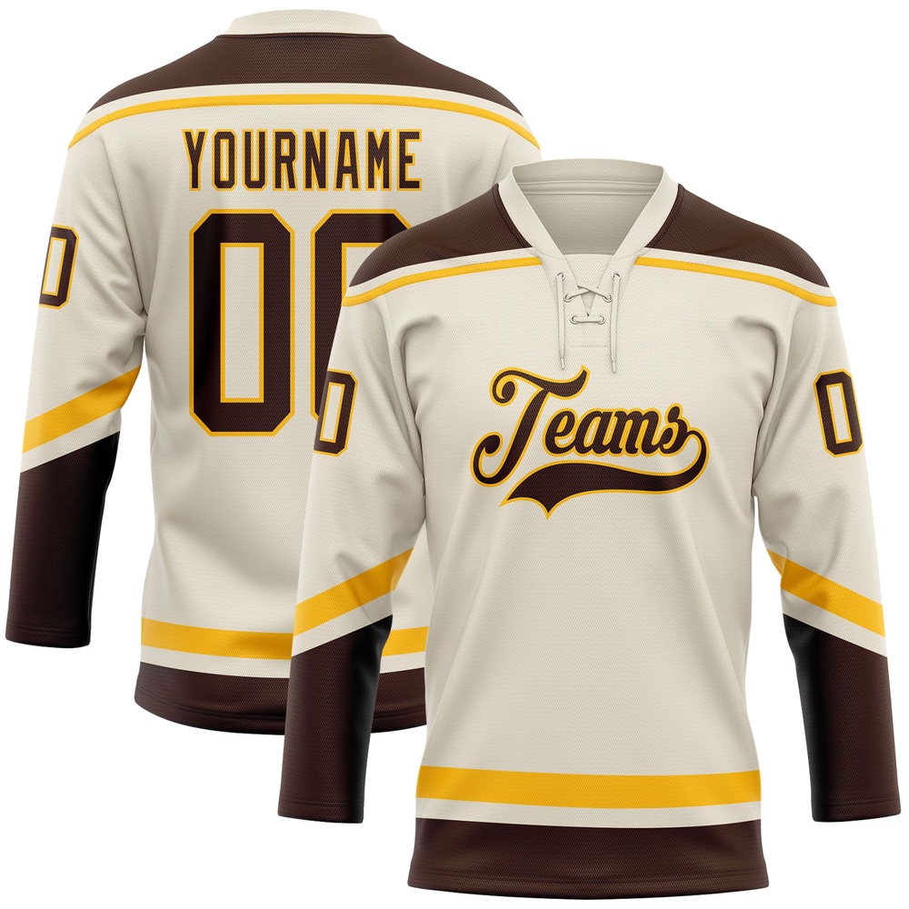 Custom Cream Brown Gold Hockey Lace Neck Jersey, New Hockey Jersey, Personali Sport Team Jersey Shirt