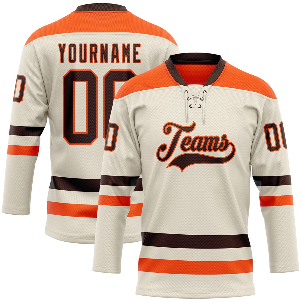 Custom Cream Brown Orange Hockey Lace Neck Jersey, New Hockey Jersey, Personali Sport Team Jersey Shirt