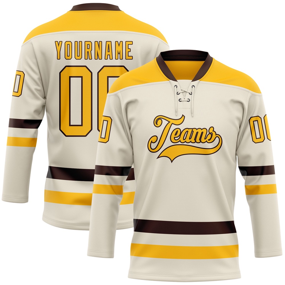 Custom Cream Gold Brown Hockey Lace Neck Jersey, New Hockey Jersey, Personali Sport Team Jersey Shirt