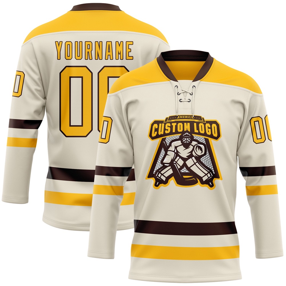 Custom Cream Gold Brown Hockey Lace Neck Jersey, New Hockey Jersey, Personali Sport Team Jersey Shirt
