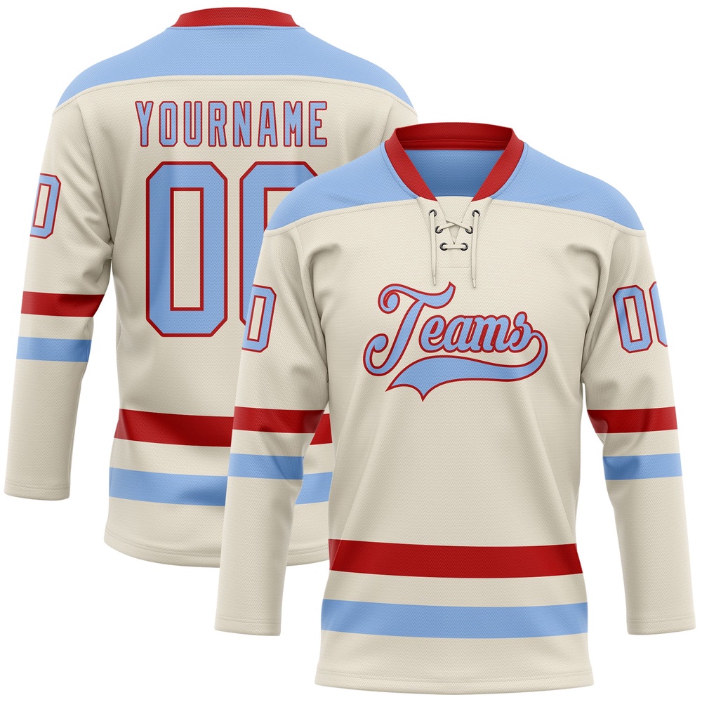Custom Cream Light Blue Red Hockey Lace Neck Jersey, New Hockey Jersey, Personali Sport Team Jersey Shirt