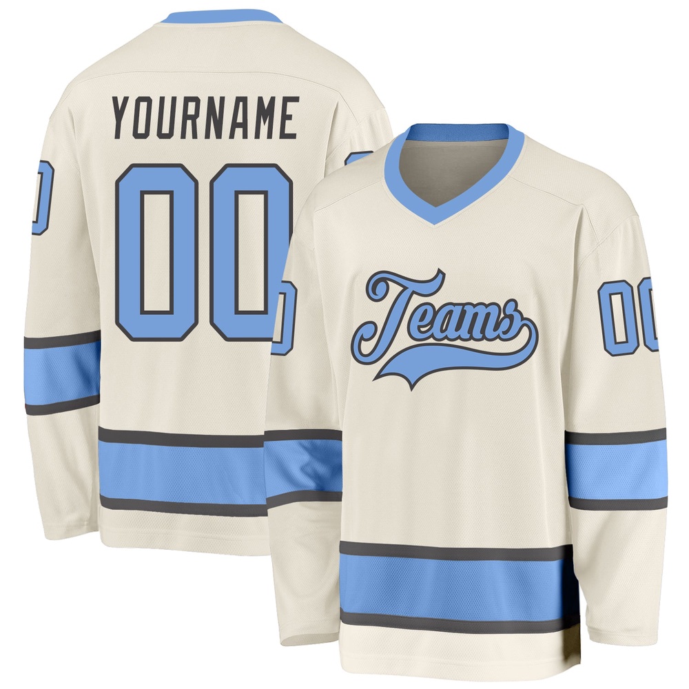 Custom Cream Light Blue Steel Gray Hockey Jersey, New Hockey Jersey, Personali Sport Team Jersey Shirt