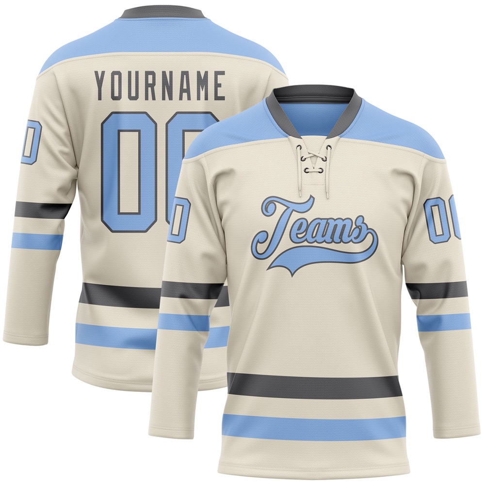 Custom Cream Light Blue Steel Gray Hockey Lace Neck Jersey, New Hockey Jersey, Personali Sport Team Jersey Shirt
