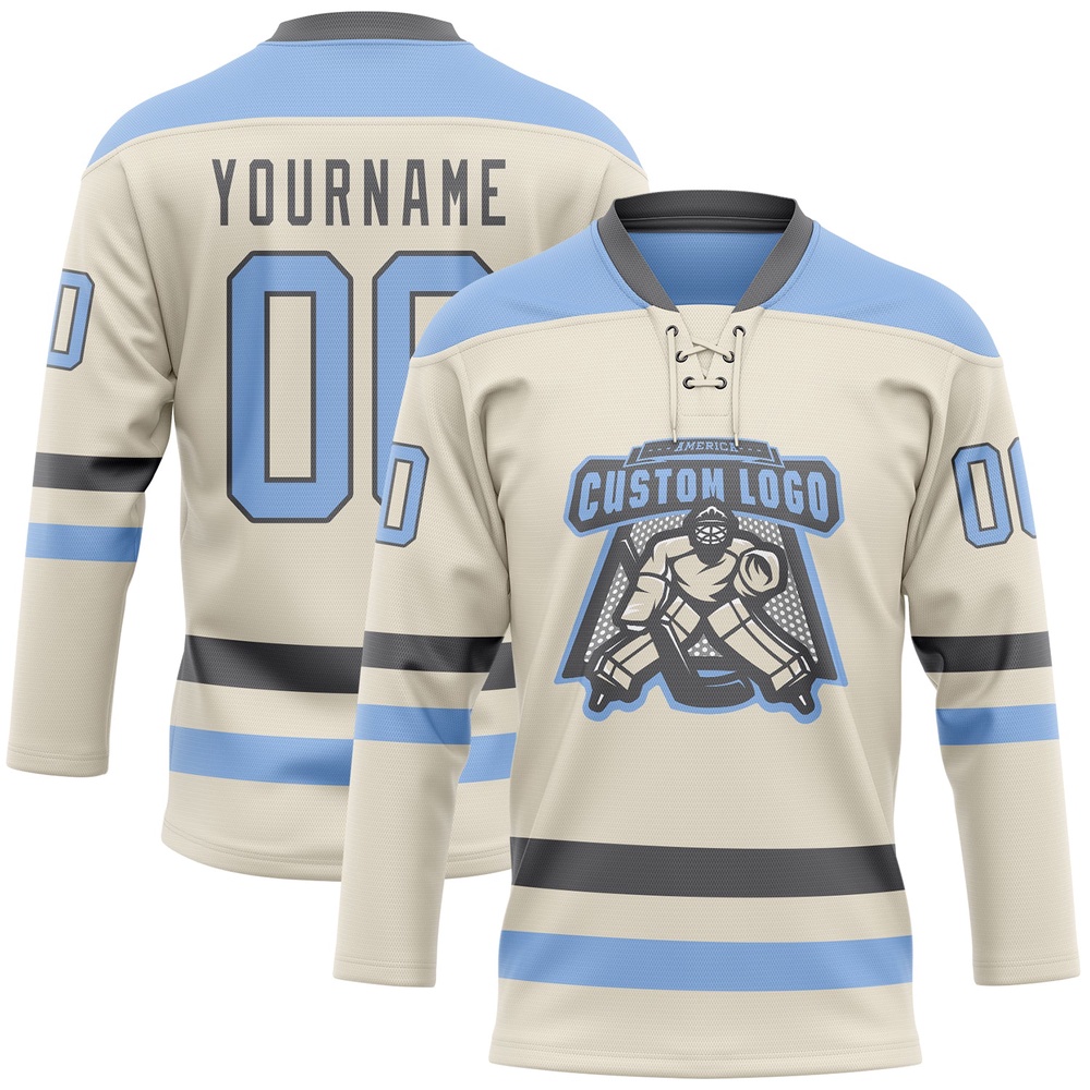 Custom Cream Light Blue Steel Gray Hockey Lace Neck Jersey, New Hockey Jersey, Personali Sport Team Jersey Shirt