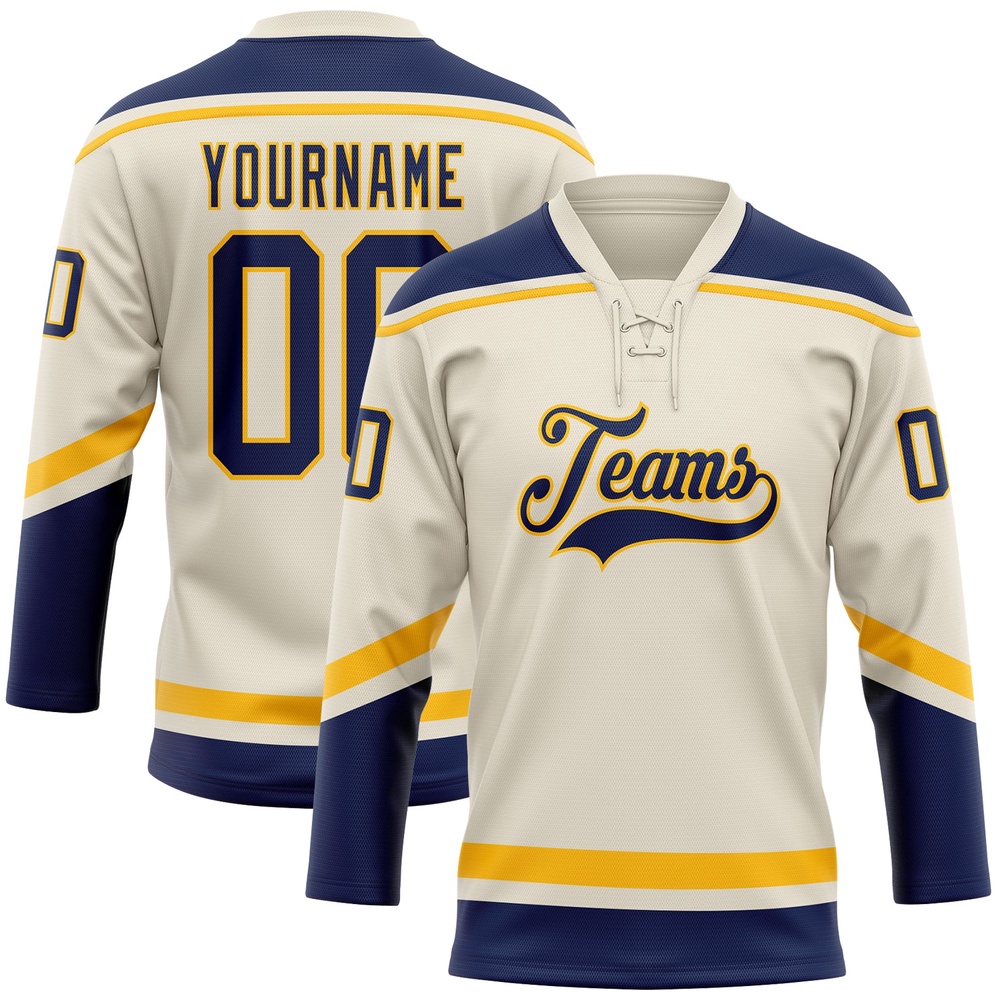 Custom Cream Navy Gold Hockey Lace Neck Jersey, New Hockey Jersey, Personali Sport Team Jersey Shirt