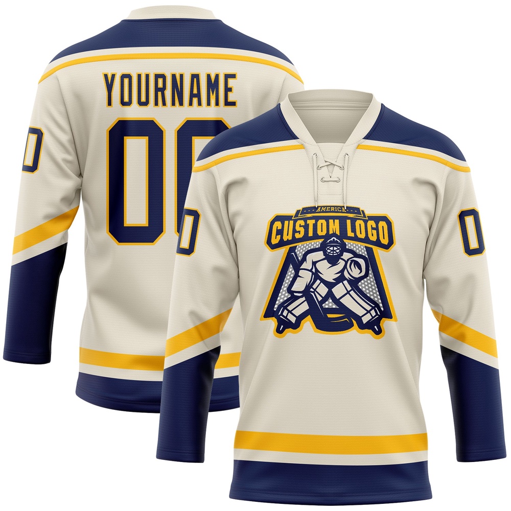 Custom Cream Navy Gold Hockey Lace Neck Jersey, New Hockey Jersey, Personali Sport Team Jersey Shirt