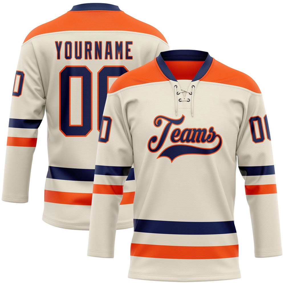 Custom Cream Navy Orange Hockey Lace Neck Jersey, New Hockey Jersey, Personali Sport Team Jersey Shirt Custom Cream Navy Orange Hockey Lace Neck Jersey, New Hockey Jersey, Personali Sport Team Jersey Shirt
