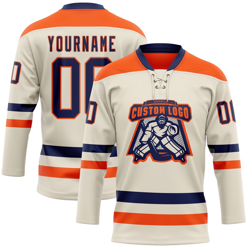 Custom Cream Navy Orange Hockey Lace Neck Jersey, New Hockey Jersey, Personali Sport Team Jersey Shirt Custom Cream Navy Orange Hockey Lace Neck Jersey, New Hockey Jersey, Personali Sport Team Jersey Shirt