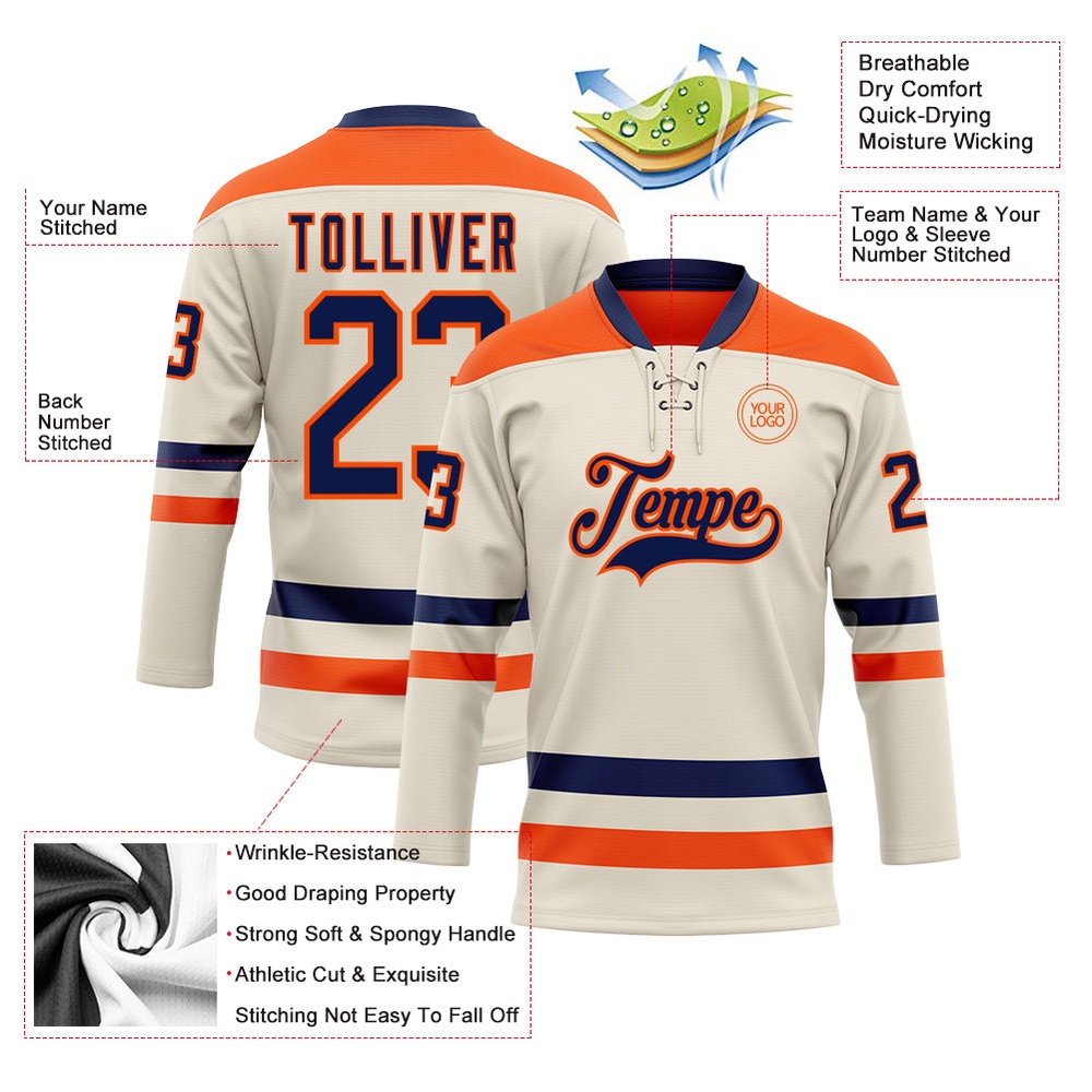 Custom Cream Navy Orange Hockey Lace Neck Jersey, New Hockey Jersey, Personali Sport Team Jersey Shirt Custom Cream Navy Orange Hockey Lace Neck Jersey, New Hockey Jersey, Personali Sport Team Jersey Shirt