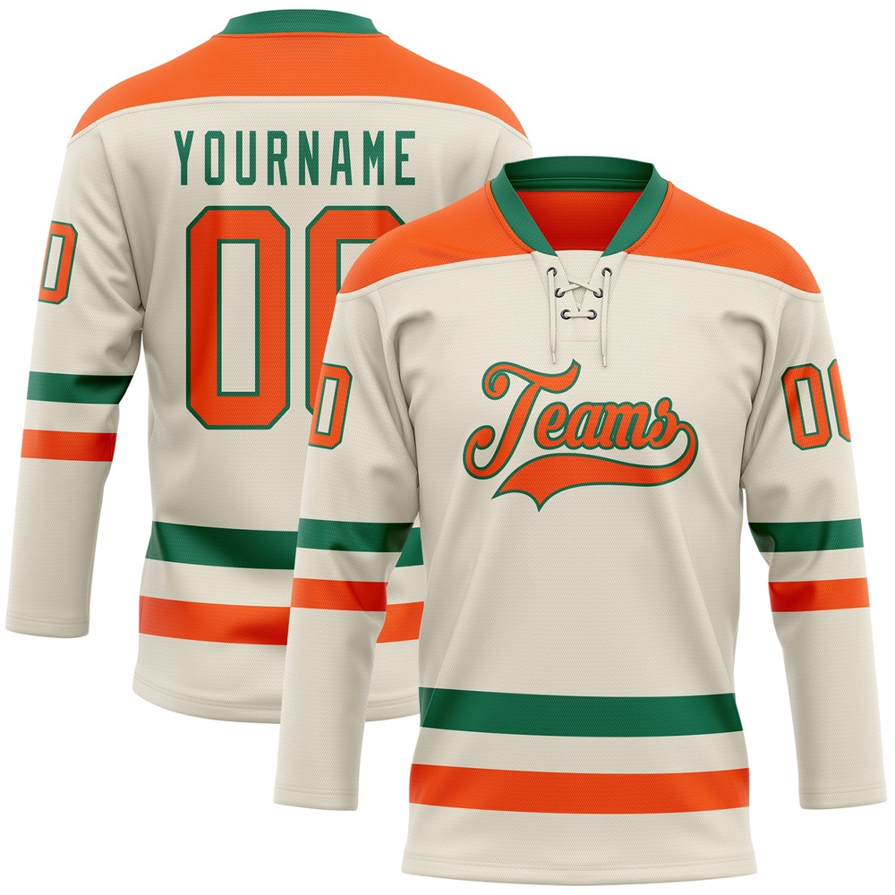 Custom Cream Orange Kelly Green Hockey Lace Neck Jersey, New Hockey Jersey, Personali Sport Team Jersey Shirt Custom Cream Orange Kelly Green Hockey Lace Neck Jersey, New Hockey Jersey, Personali Sport Team Jersey Shirt