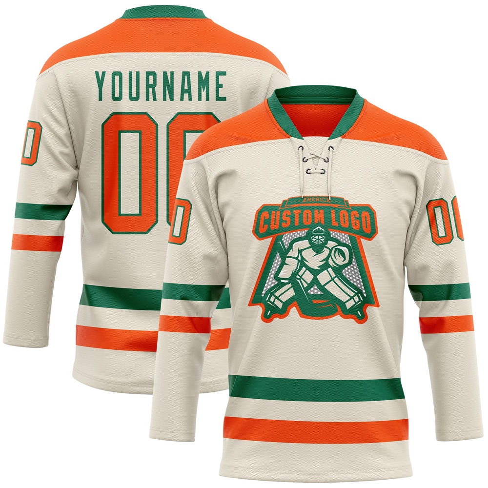 Custom Cream Orange Kelly Green Hockey Lace Neck Jersey, New Hockey Jersey, Personali Sport Team Jersey Shirt Custom Cream Orange Kelly Green Hockey Lace Neck Jersey, New Hockey Jersey, Personali Sport Team Jersey Shirt