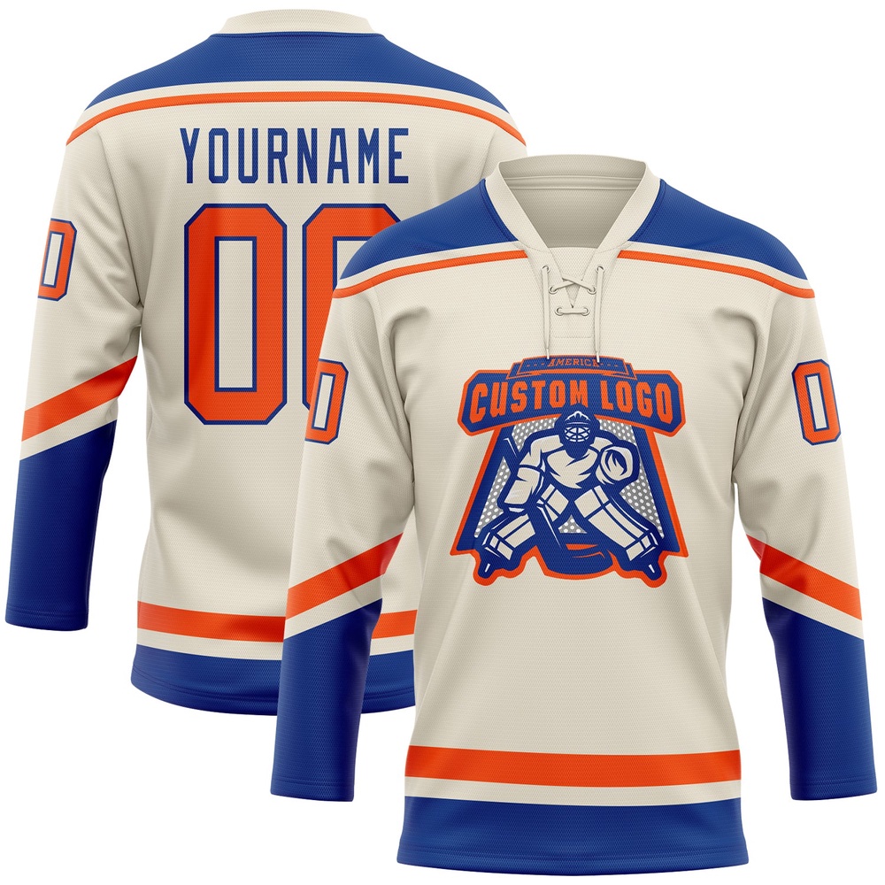 Custom Cream Orange Royal Hockey Lace Neck Jersey, New Hockey Jersey, Personali Sport Team Jersey Shirt