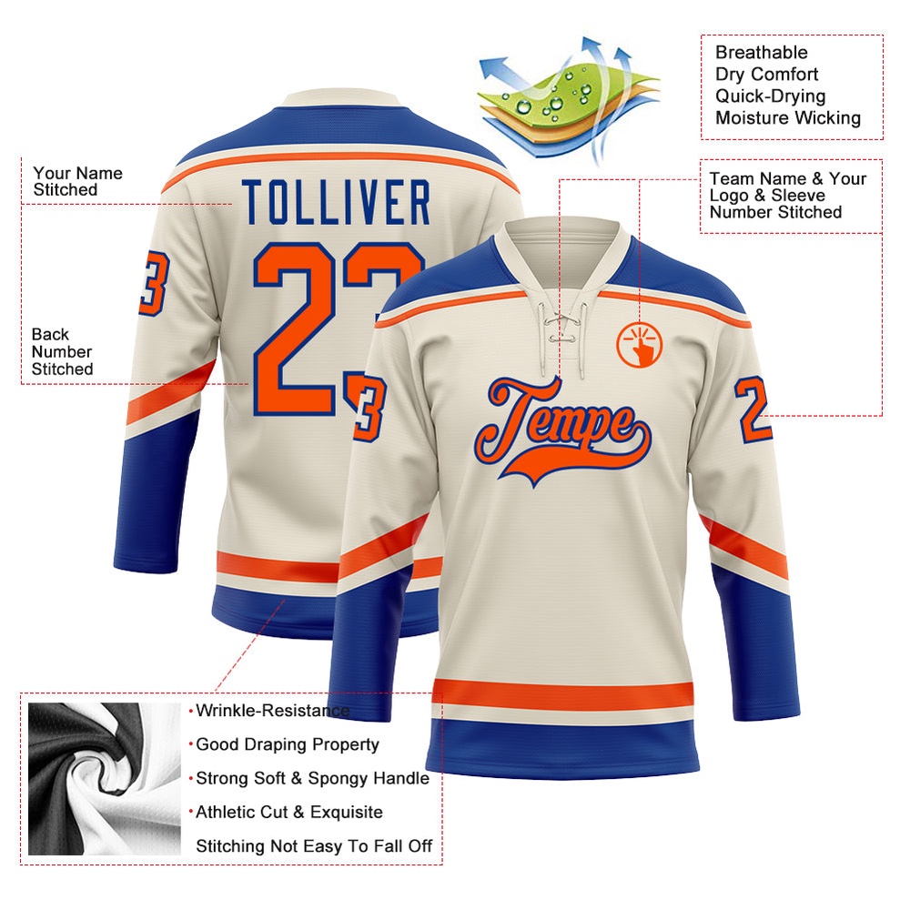 Custom Cream Orange Royal Hockey Lace Neck Jersey, New Hockey Jersey, Personali Sport Team Jersey Shirt