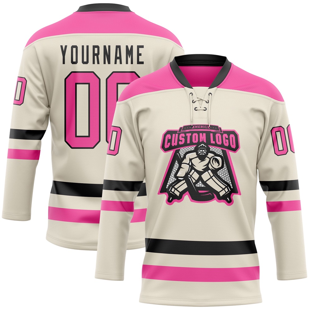 Custom Cream Pink Black Hockey Lace Neck Jersey, New Hockey Jersey, Personali Sport Team Jersey Shirt
