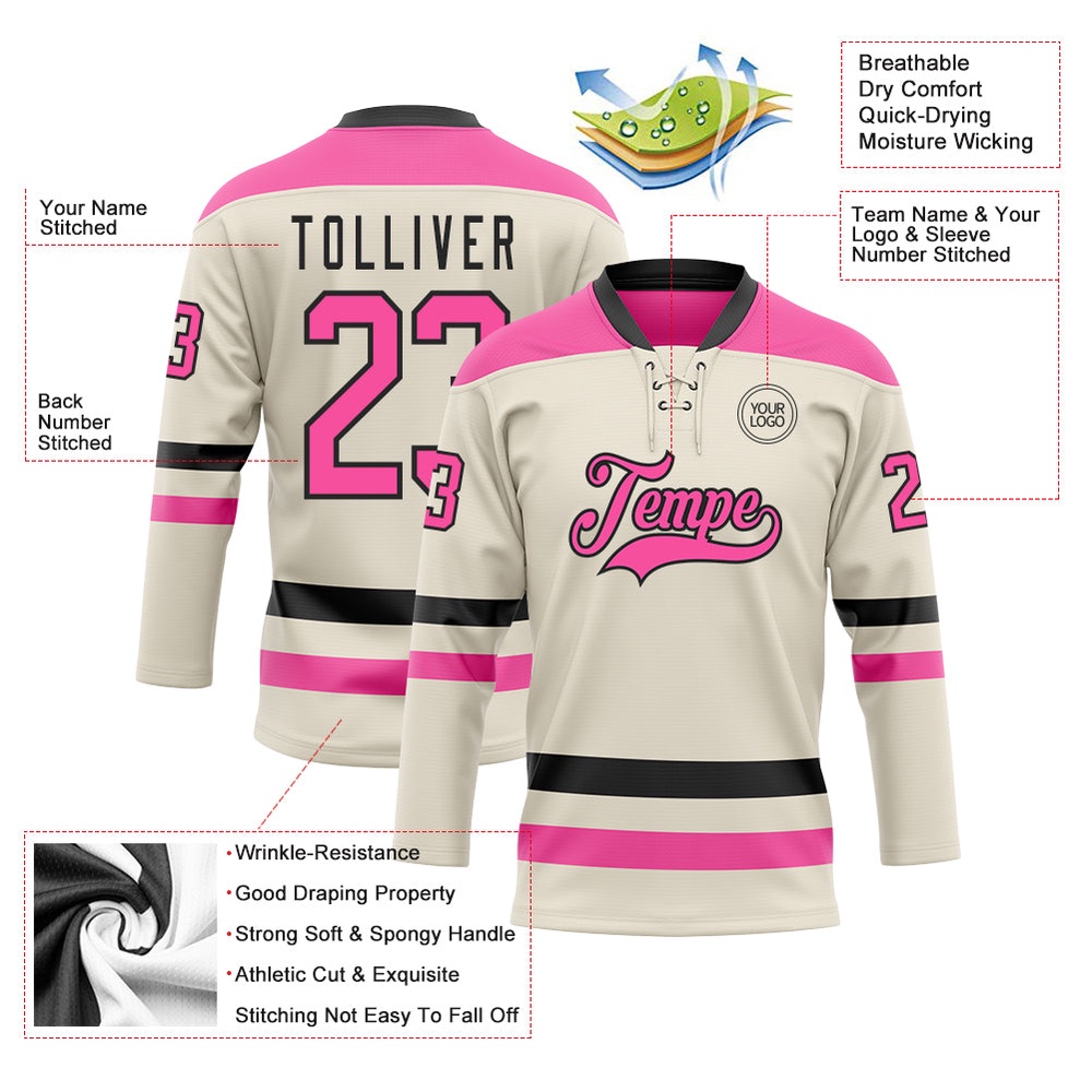 Custom Cream Pink Black Hockey Lace Neck Jersey, New Hockey Jersey, Personali Sport Team Jersey Shirt