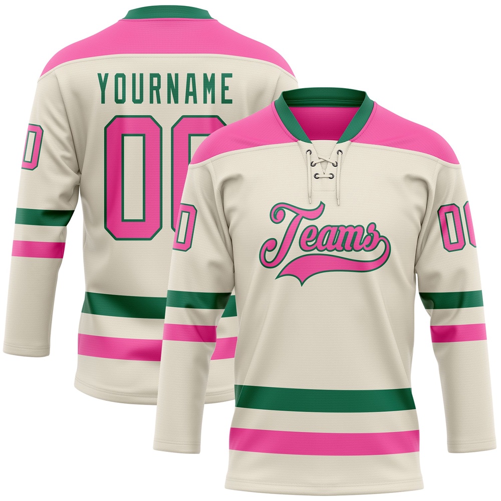 Custom Cream Pink Kelly Green Hockey Lace Neck Jersey, New Hockey Jersey, Personali Sport Team Jersey Shirt Custom Cream Pink Kelly Green Hockey Lace Neck Jersey, New Hockey Jersey, Personali Sport Team Jersey Shirt