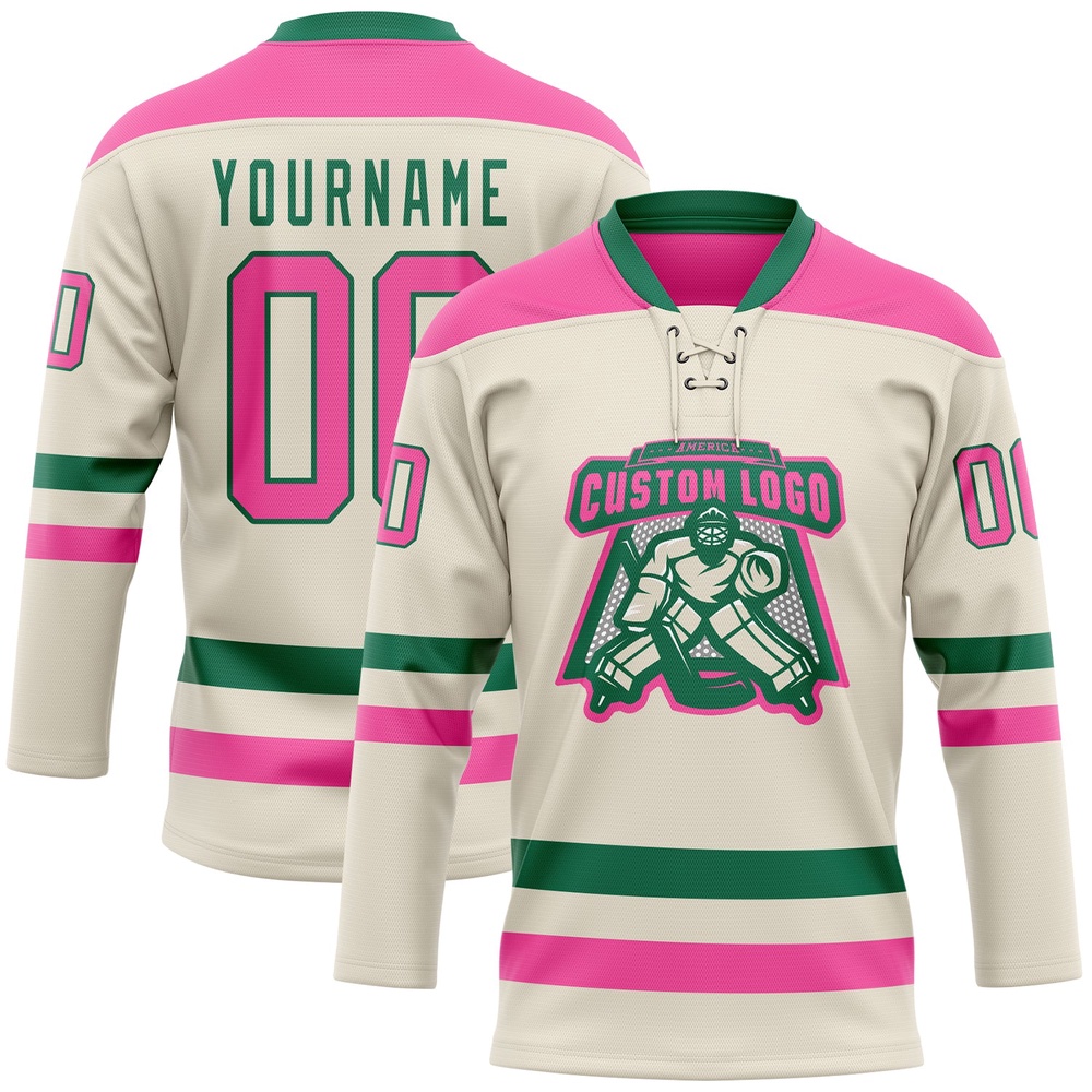 Custom Cream Pink Kelly Green Hockey Lace Neck Jersey, New Hockey Jersey, Personali Sport Team Jersey Shirt Custom Cream Pink Kelly Green Hockey Lace Neck Jersey, New Hockey Jersey, Personali Sport Team Jersey Shirt
