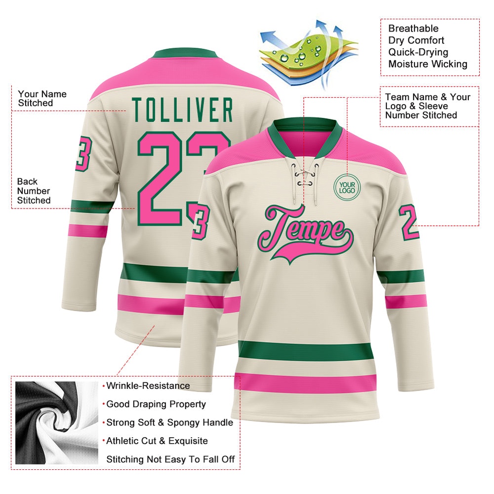 Custom Cream Pink Kelly Green Hockey Lace Neck Jersey, New Hockey Jersey, Personali Sport Team Jersey Shirt Custom Cream Pink Kelly Green Hockey Lace Neck Jersey, New Hockey Jersey, Personali Sport Team Jersey Shirt