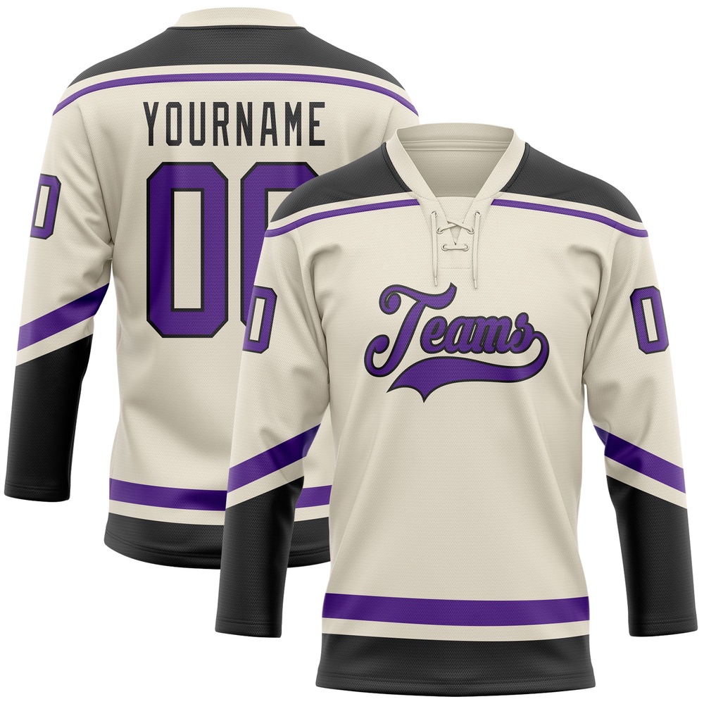 Custom Cream Purple Black Hockey Lace Neck Jersey, New Hockey Jersey, Personali Sport Team Jersey Shirt