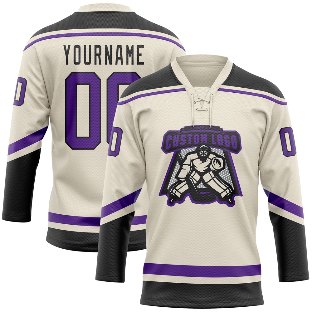 Custom Cream Purple Black Hockey Lace Neck Jersey, New Hockey Jersey, Personali Sport Team Jersey Shirt