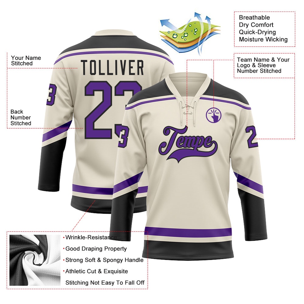 Custom Cream Purple Black Hockey Lace Neck Jersey, New Hockey Jersey, Personali Sport Team Jersey Shirt