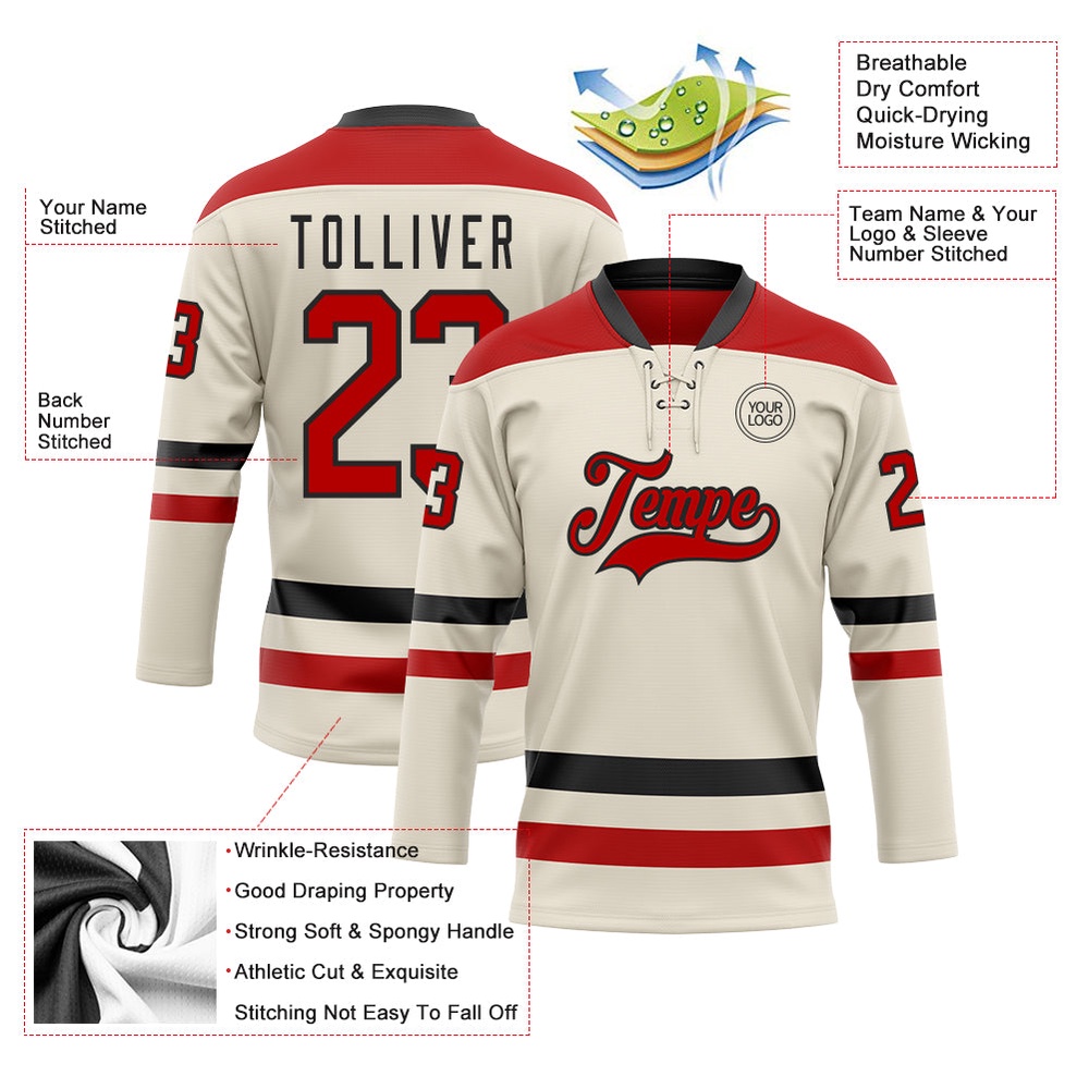 Custom Cream Red Black Hockey Lace Neck Jersey, New Hockey Jersey, Personali Sport Team Jersey Shirt