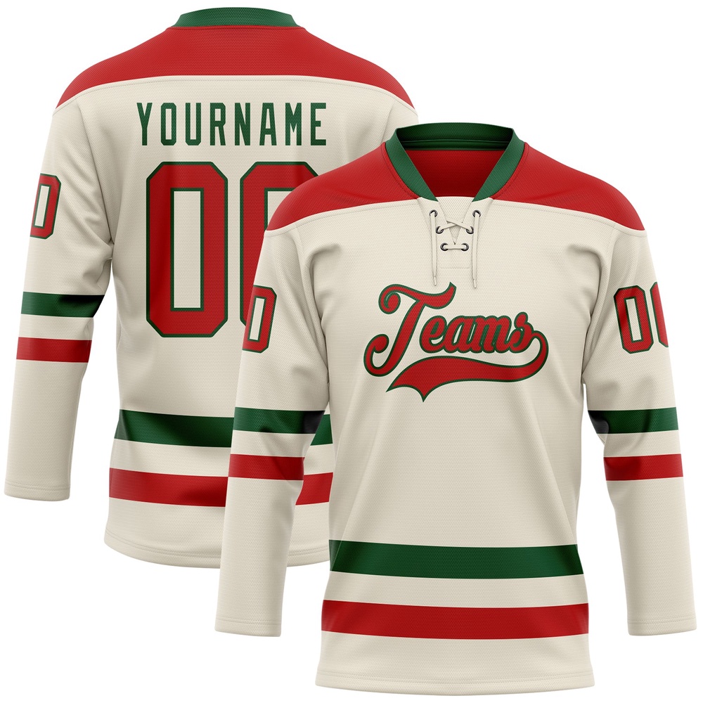 Custom Cream Red Green Hockey Lace Neck Jersey, New Hockey Jersey, Personali Sport Team Jersey Shirt