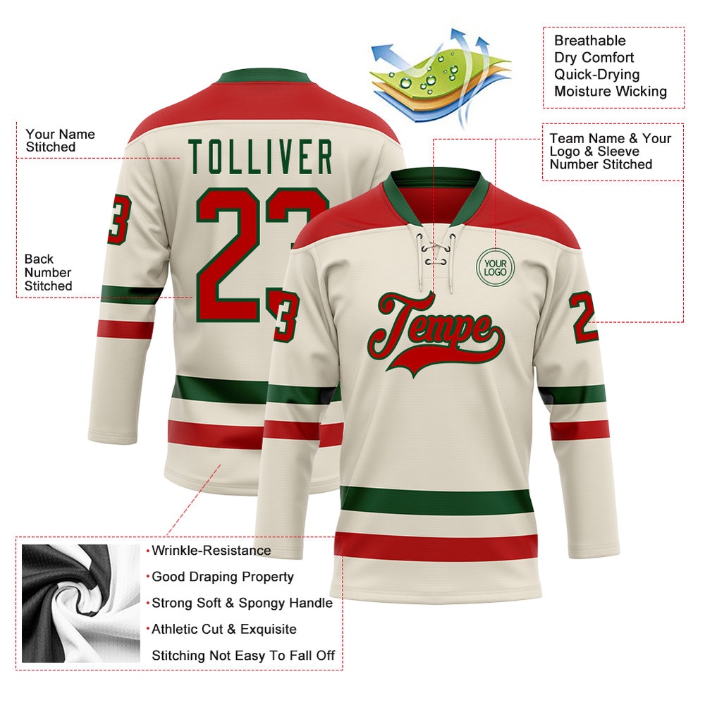 Custom Cream Red Green Hockey Lace Neck Jersey, New Hockey Jersey, Personali Sport Team Jersey Shirt