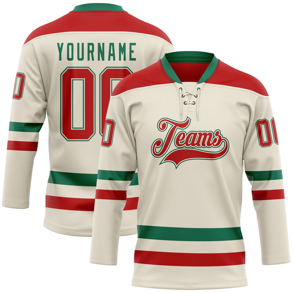 Custom Cream Red Kelly Green Hockey Lace Neck Jersey, New Hockey Jersey, Personali Sport Team Jersey Shirt