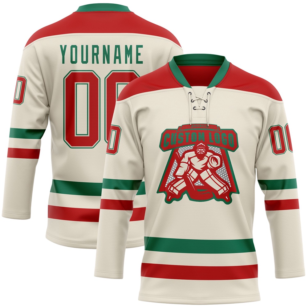 Custom Cream Red Kelly Green Hockey Lace Neck Jersey, New Hockey Jersey, Personali Sport Team Jersey Shirt