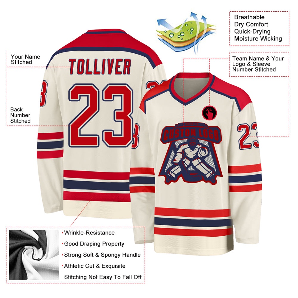 Custom Cream Red Navy Hockey Jersey, New Hockey Jersey, Personali Sport Team Jersey Shirt