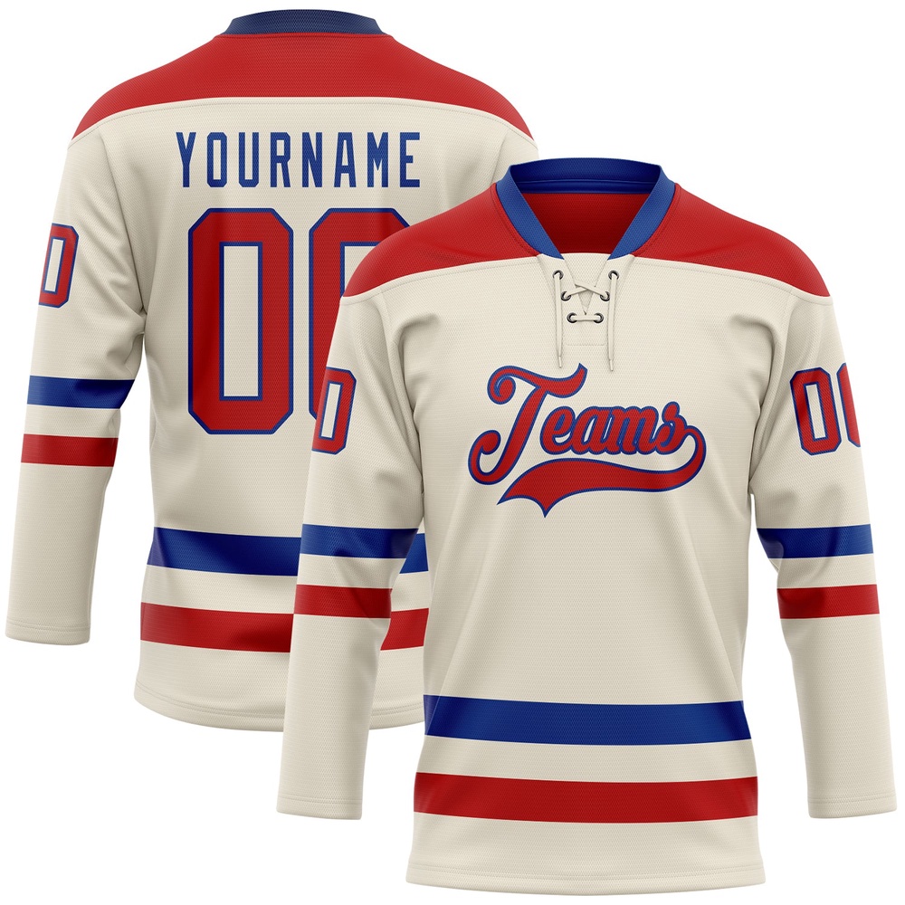 Custom Cream Red Royal Hockey Lace Neck Jersey, New Hockey Jersey, Personali Sport Team Jersey Shirt