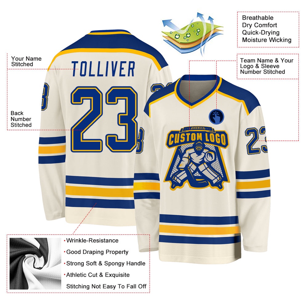 Custom Cream Royal Gold Hockey Jersey, New Hockey Jersey, Personali Sport Team Jersey Shirt
