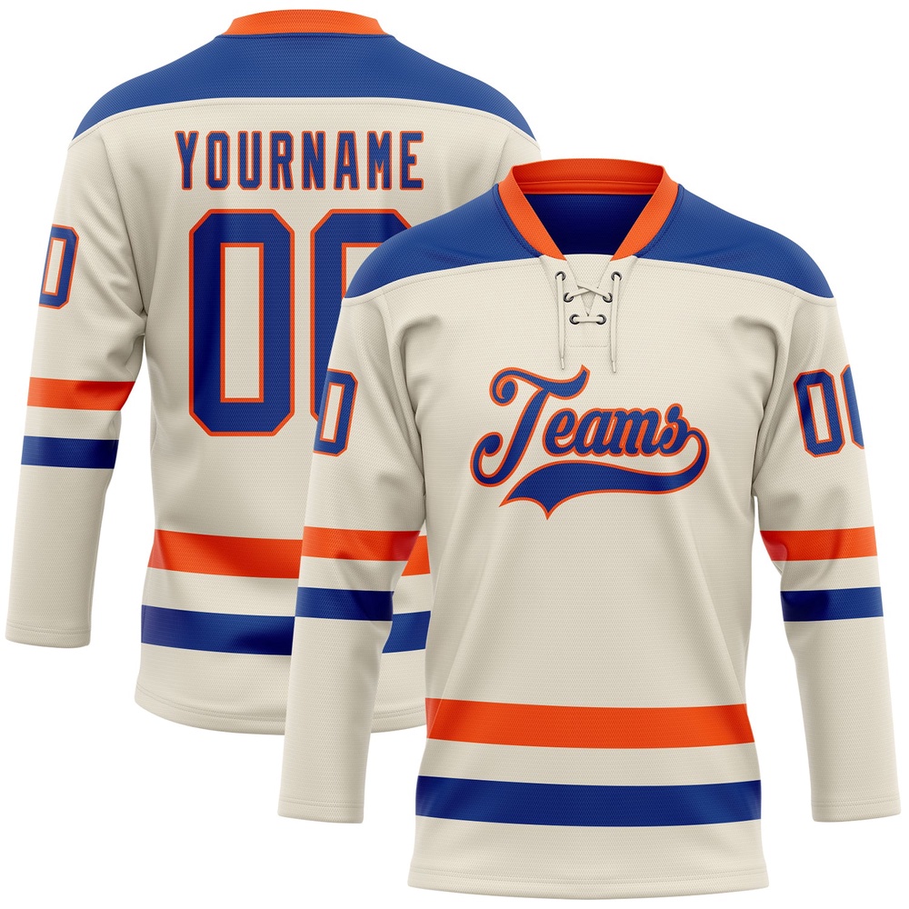 Custom Cream Royal Orange Hockey Lace Neck Jersey, New Hockey Jersey, Personali Sport Team Jersey Shirt