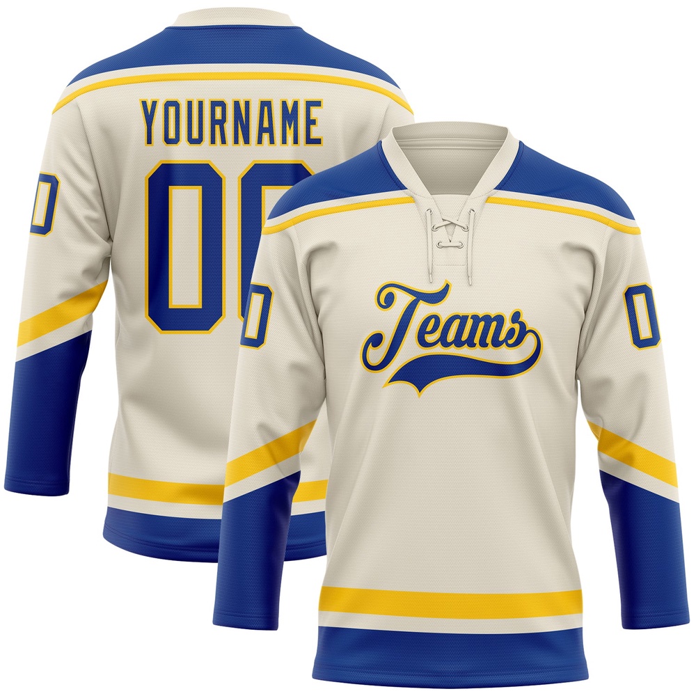 Custom Cream Royal Yellow Hockey Lace Neck Jersey, New Hockey Jersey, Personali Sport Team Jersey Shirt