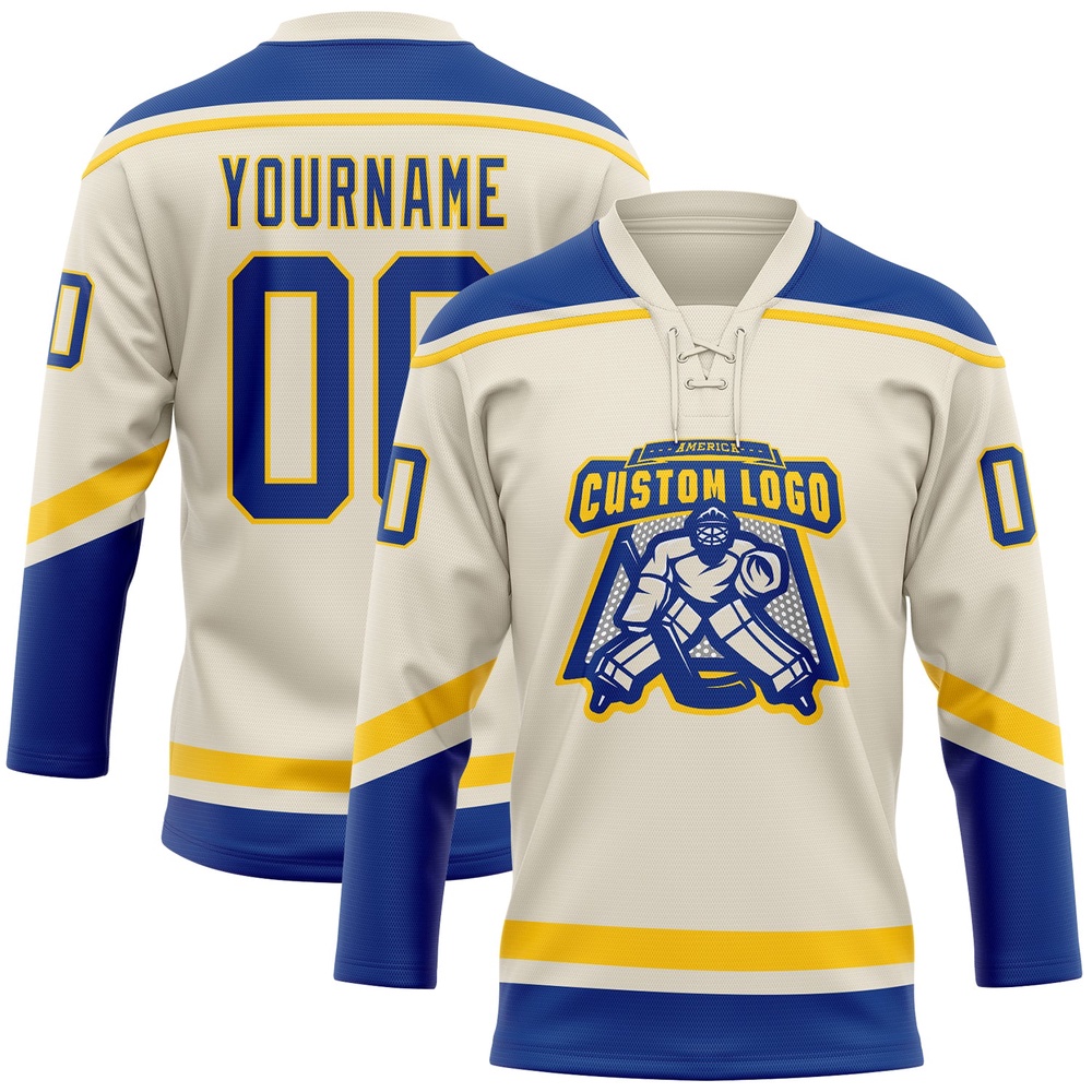 Custom Cream Royal Yellow Hockey Lace Neck Jersey, New Hockey Jersey, Personali Sport Team Jersey Shirt