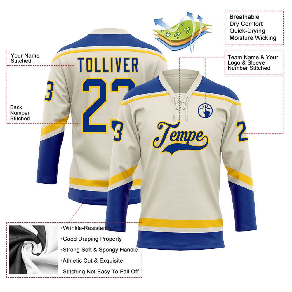 Custom Cream Royal Yellow Hockey Lace Neck Jersey, New Hockey Jersey, Personali Sport Team Jersey Shirt