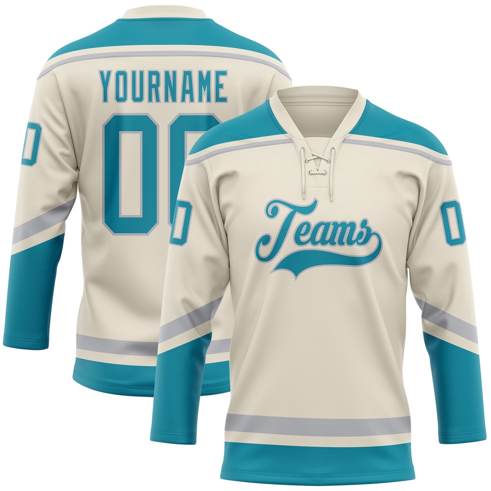 Custom Cream Teal Gray Hockey Lace Neck Jersey, New Hockey Jersey, Personali Sport Team Jersey Shirt