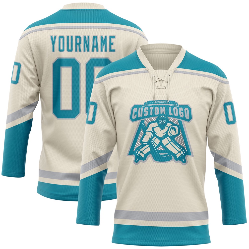 Custom Cream Teal Gray Hockey Lace Neck Jersey, New Hockey Jersey, Personali Sport Team Jersey Shirt