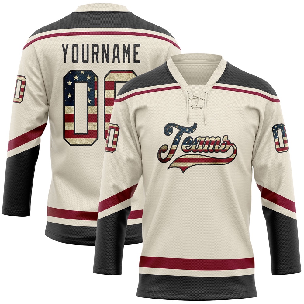 Custom Cream Vintage USA Flag Black Maroon Hockey Lace Neck Jersey, New Hockey Jersey, Personali Sport Team Jersey Shirt Custom Cream Vintage USA Flag Black Maroon Hockey Lace Neck Jersey, New Hockey Jersey, Personali Sport Team Jersey Shirt