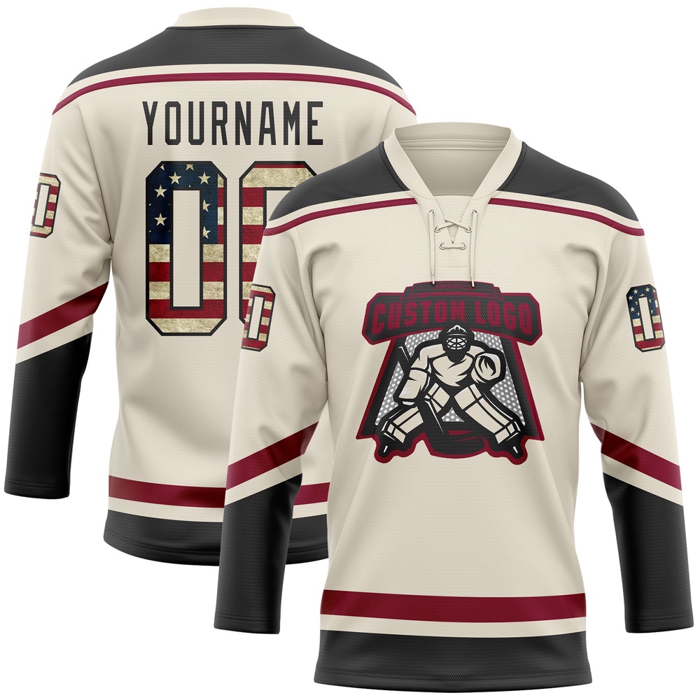 Custom Cream Vintage USA Flag Black Maroon Hockey Lace Neck Jersey, New Hockey Jersey, Personali Sport Team Jersey Shirt Custom Cream Vintage USA Flag Black Maroon Hockey Lace Neck Jersey, New Hockey Jersey, Personali Sport Team Jersey Shirt