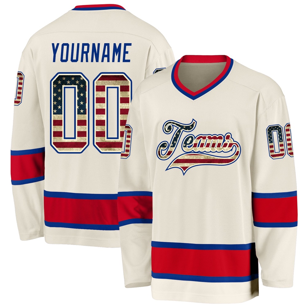 Custom Cream Vintage USA Flag Royal Red Hockey Jersey, New Hockey Jersey, Personali Sport Team Jersey Shirt Custom Cream Vintage USA Flag Royal Red Hockey Jersey, New Hockey Jersey, Personali Sport Team Jersey Shirt