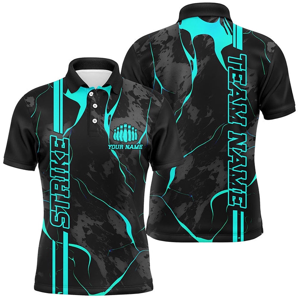 Custom Cyan Blue Strike Bowling Shirts Men Polo Blue Camo Bowling Team Polo Shirt Bowling League, Personalized Bowling Team Shirt