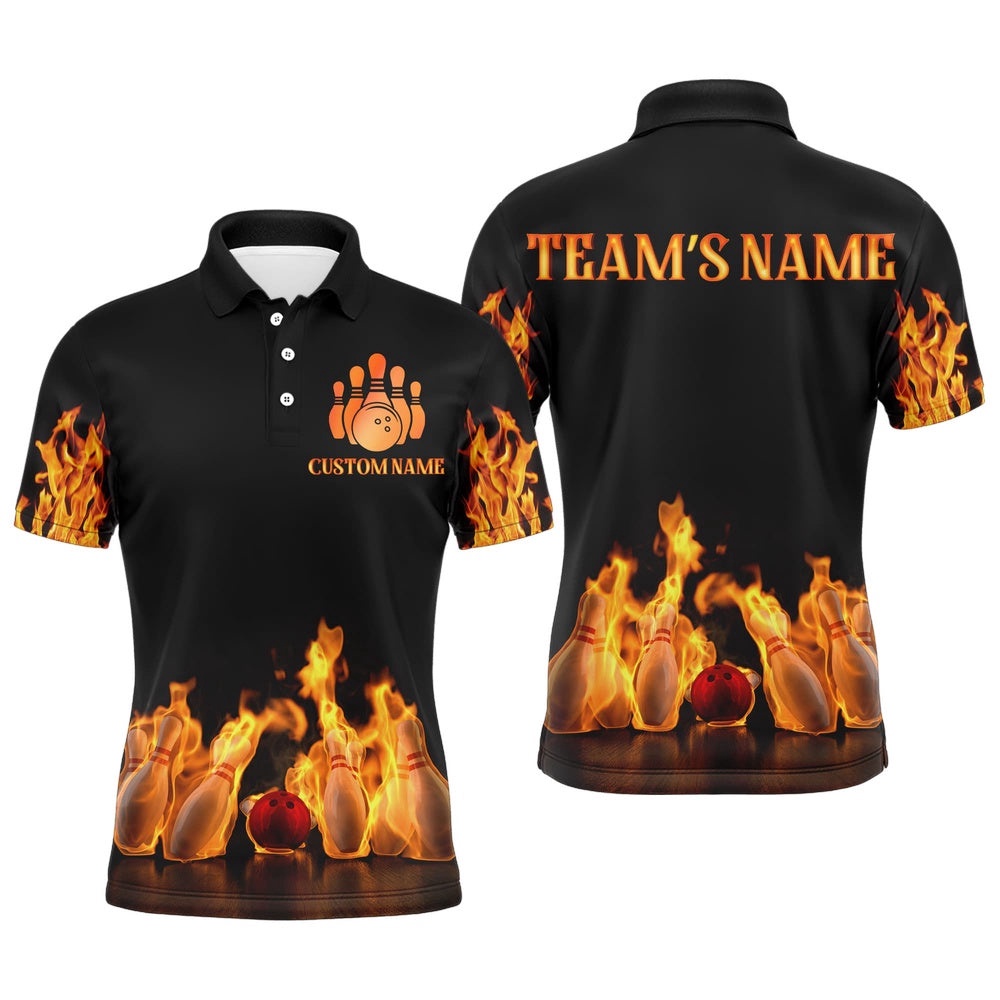 Custom Fire Bowling Shirt For Men, Flames Bowling Polo Shirt With Name League Bowling Team Polo Shirt, Personalized Bowling Team Shirt